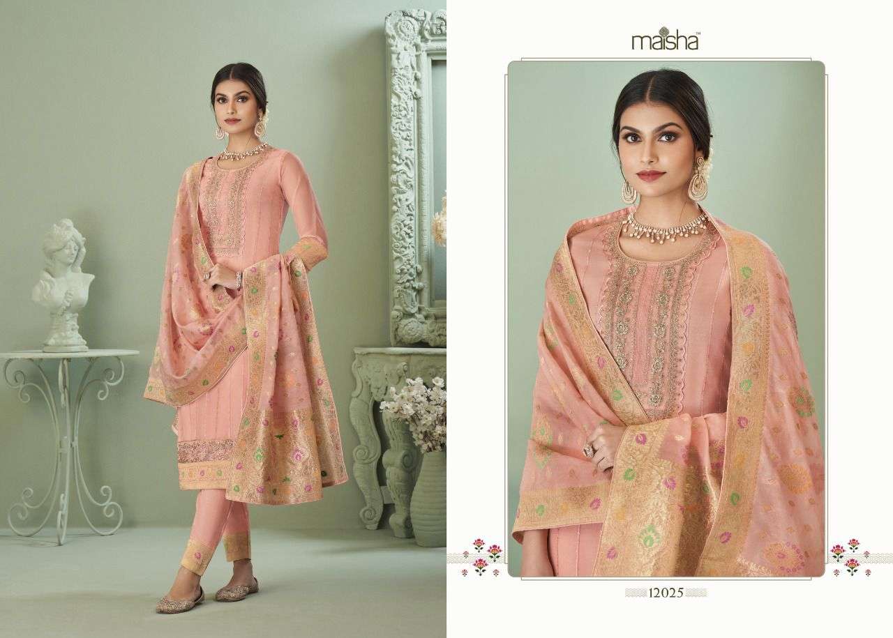GULBARGA BY MAISHA 12025 TO 12029 SERIES FESTIVE SUITS BEAUTIFUL FANCY COLORFUL STYLISH PARTY WEAR & OCCASIONAL WEAR PURE ORGANZA EMBROIDERY DRESSES AT WHOLESALE PRICE