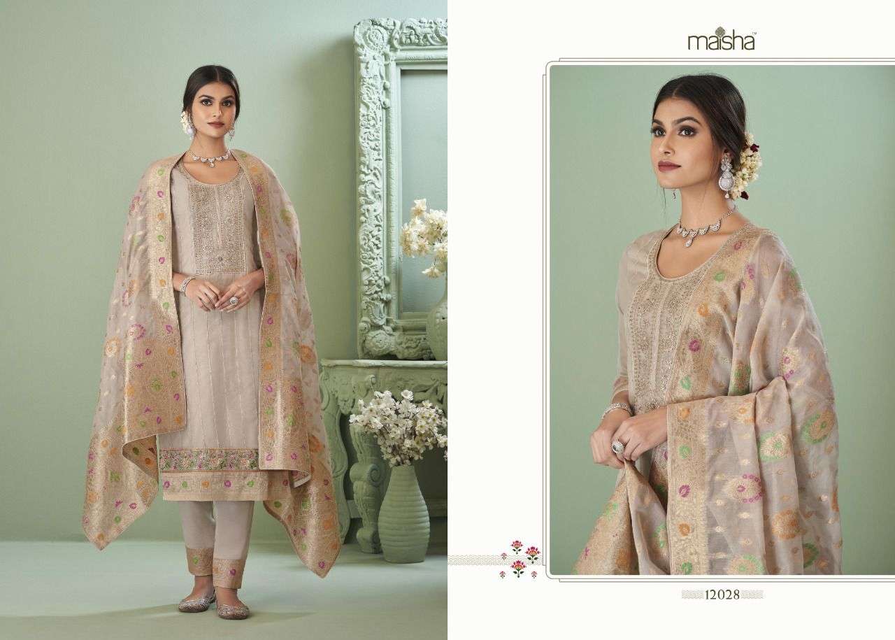 GULBARGA BY MAISHA 12025 TO 12029 SERIES FESTIVE SUITS BEAUTIFUL FANCY COLORFUL STYLISH PARTY WEAR & OCCASIONAL WEAR PURE ORGANZA EMBROIDERY DRESSES AT WHOLESALE PRICE