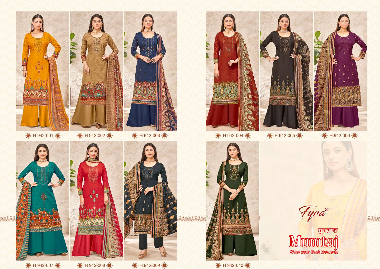 MUMTAJ BY FYRA 942-001 TO 942-010 SERIES FESTIVE SUITS BEAUTIFUL FANCY COLORFUL STYLISH PARTY WEAR & OCCASIONAL WEAR PURE SOFT COTTON DRESSES AT WHOLESALE PRICE