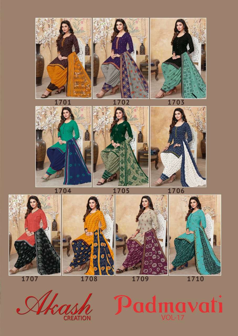 PADMAVATI VOL-17 BY AKASH CREATION 1701 TO 1710 SERIES BEAUTIFUL STYLISH SUITS FANCY COLORFUL CASUAL WEAR & ETHNIC WEAR & READY TO WEAR COTTON PRINTED DRESSES AT WHOLESALE PRICE