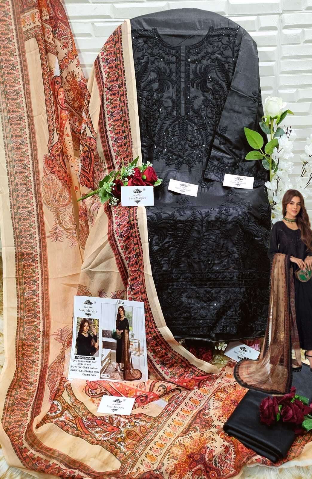 AIRA 136 BY SANA MARYAM BEAUTIFUL PAKISTANI SUITS STYLISH FANCY COLORFUL PARTY WEAR & OCCASIONAL WEAR COTTON WITH EMBROIDERY DRESSES AT WHOLESALE PRICE