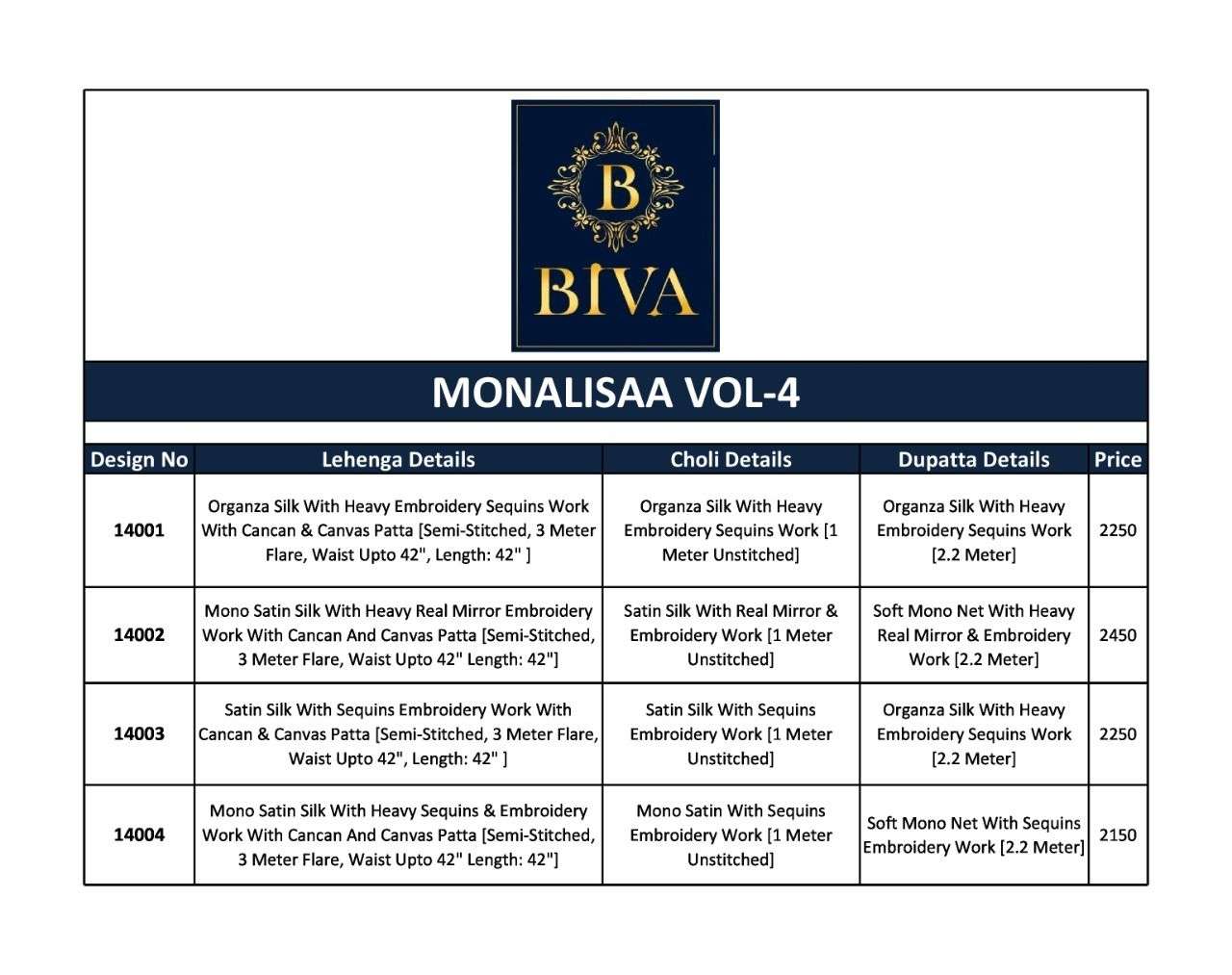 MONALISAA VOL-4 BY BIVA 14001 TO 14004 SERIES INDIAN TRADITIONAL BEAUTIFUL STYLISH DESIGNER BANARASI SILK JACQUARD EMBROIDERED PARTY WEAR ORGANZA SILK LEHENGAS AT WHOLESALE PRICE