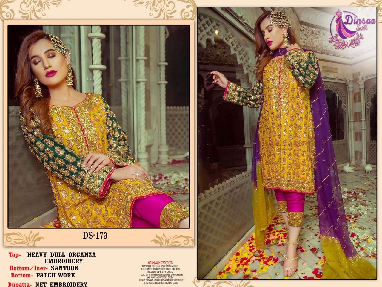 DINSAA HIT DESIGN 173 BY DINSAA SUITS DESIGNER FESTIVE PAKISTANI SUITS COLLECTION BEAUTIFUL STYLISH FANCY COLORFUL PARTY WEAR & OCCASIONAL WEAR HEAVY DAL ORGANZA EMBROIDERED DRESSES AT WHOLESALE PRICE