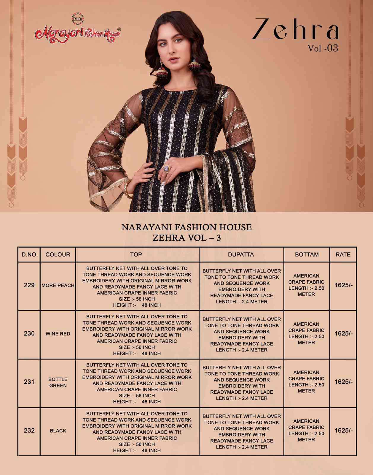 Zehra Vol-3 By Narayani Fashion Hub 229 To 232 Series Beautiful Suits Colorful Stylish Fancy Casual Wear & Ethnic Wear Mono Net Dresses At Wholesale Price