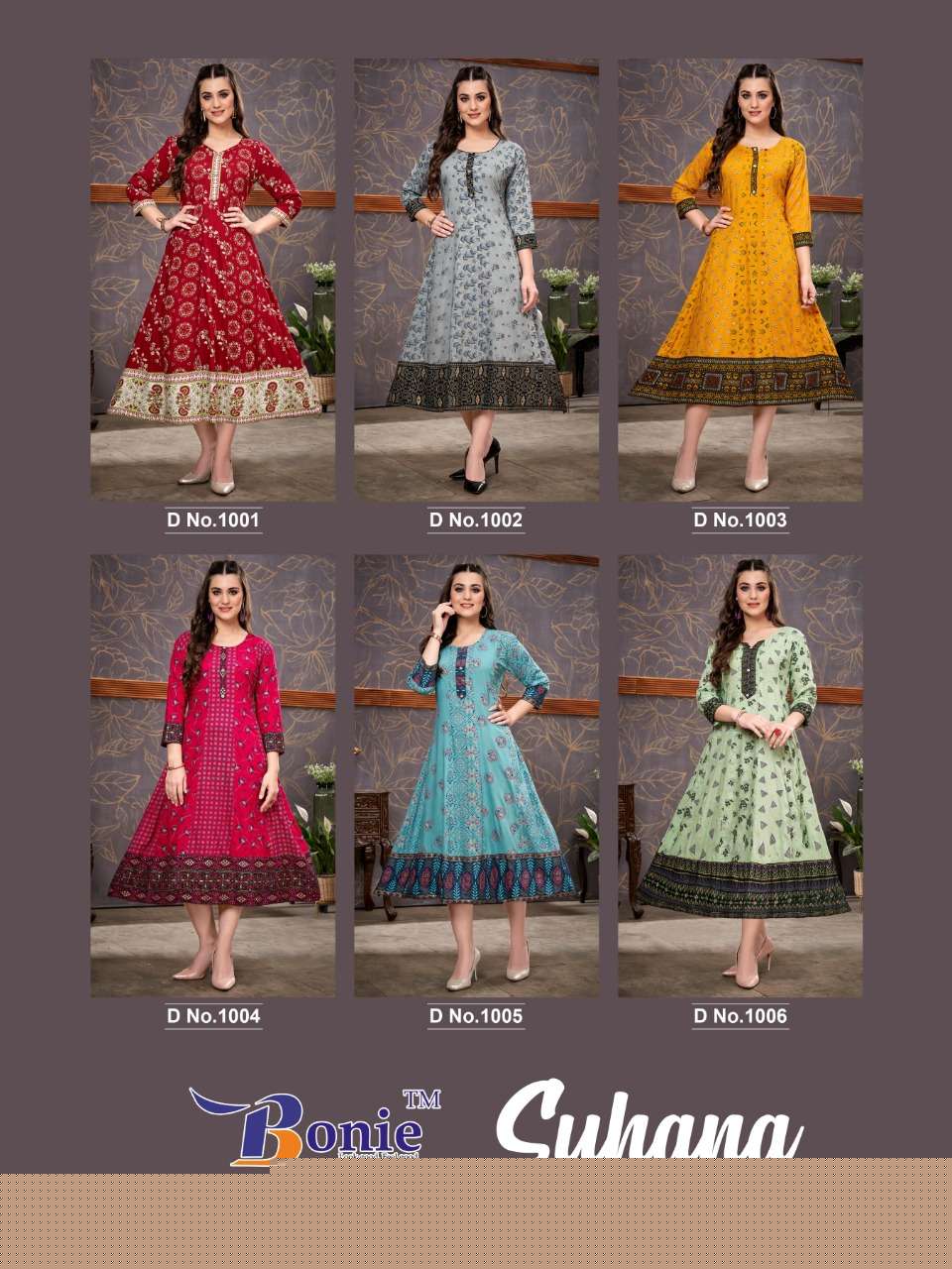 SUHANA BY BONIE 1001 TO 1006 SERIES DESIGNER STYLISH FANCY COLORFUL BEAUTIFUL PARTY WEAR & ETHNIC WEAR COLLECTION RAYON KURTIS AT WHOLESALE PRICE