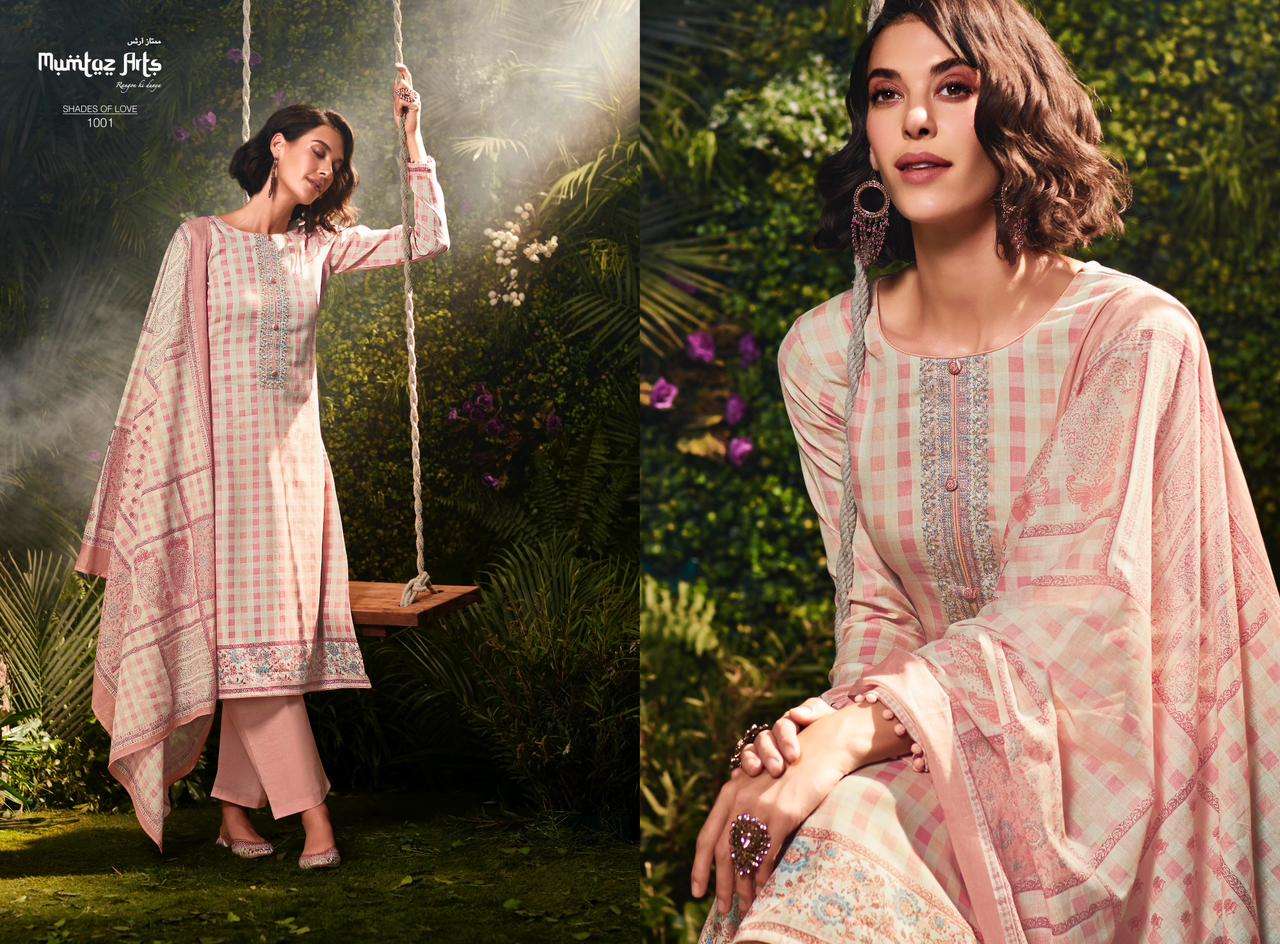 SHADES OF LOVE BY MUMTAZ ARTS 1001 TO 1006 SERIES BEAUTIFUL SUITS COLORFUL STYLISH FANCY CASUAL WEAR & PURE VISCOSE JAM SATIN WITH HEAVY EMBROIDERY DRESSES AT WHOLESALE PRICE