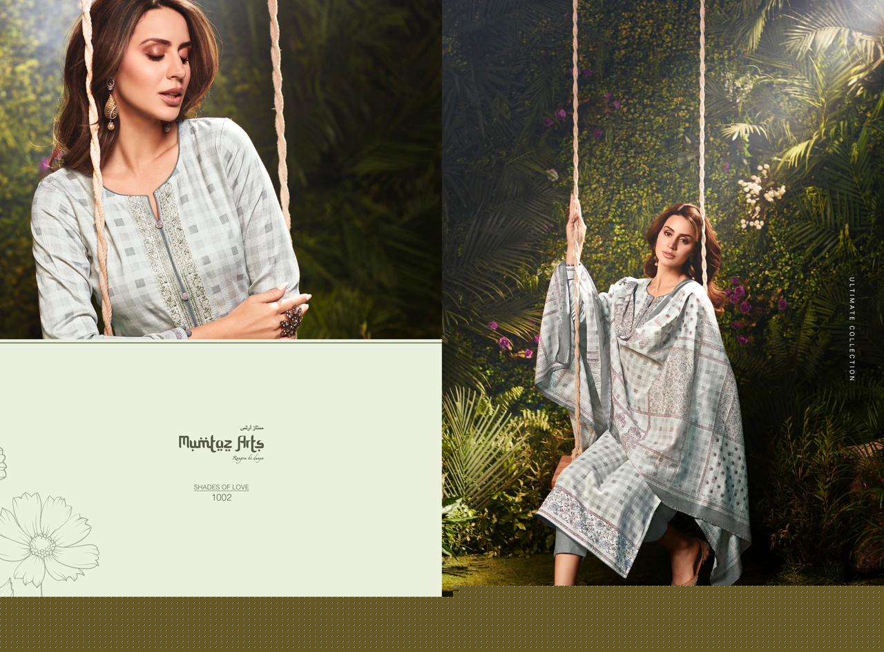 SHADES OF LOVE BY MUMTAZ ARTS 1001 TO 1006 SERIES BEAUTIFUL SUITS COLORFUL STYLISH FANCY CASUAL WEAR & PURE VISCOSE JAM SATIN WITH HEAVY EMBROIDERY DRESSES AT WHOLESALE PRICE