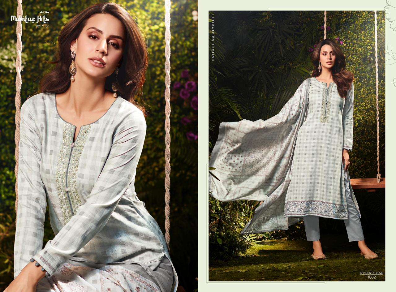 SHADES OF LOVE BY MUMTAZ ARTS 1001 TO 1006 SERIES BEAUTIFUL SUITS COLORFUL STYLISH FANCY CASUAL WEAR & PURE VISCOSE JAM SATIN WITH HEAVY EMBROIDERY DRESSES AT WHOLESALE PRICE