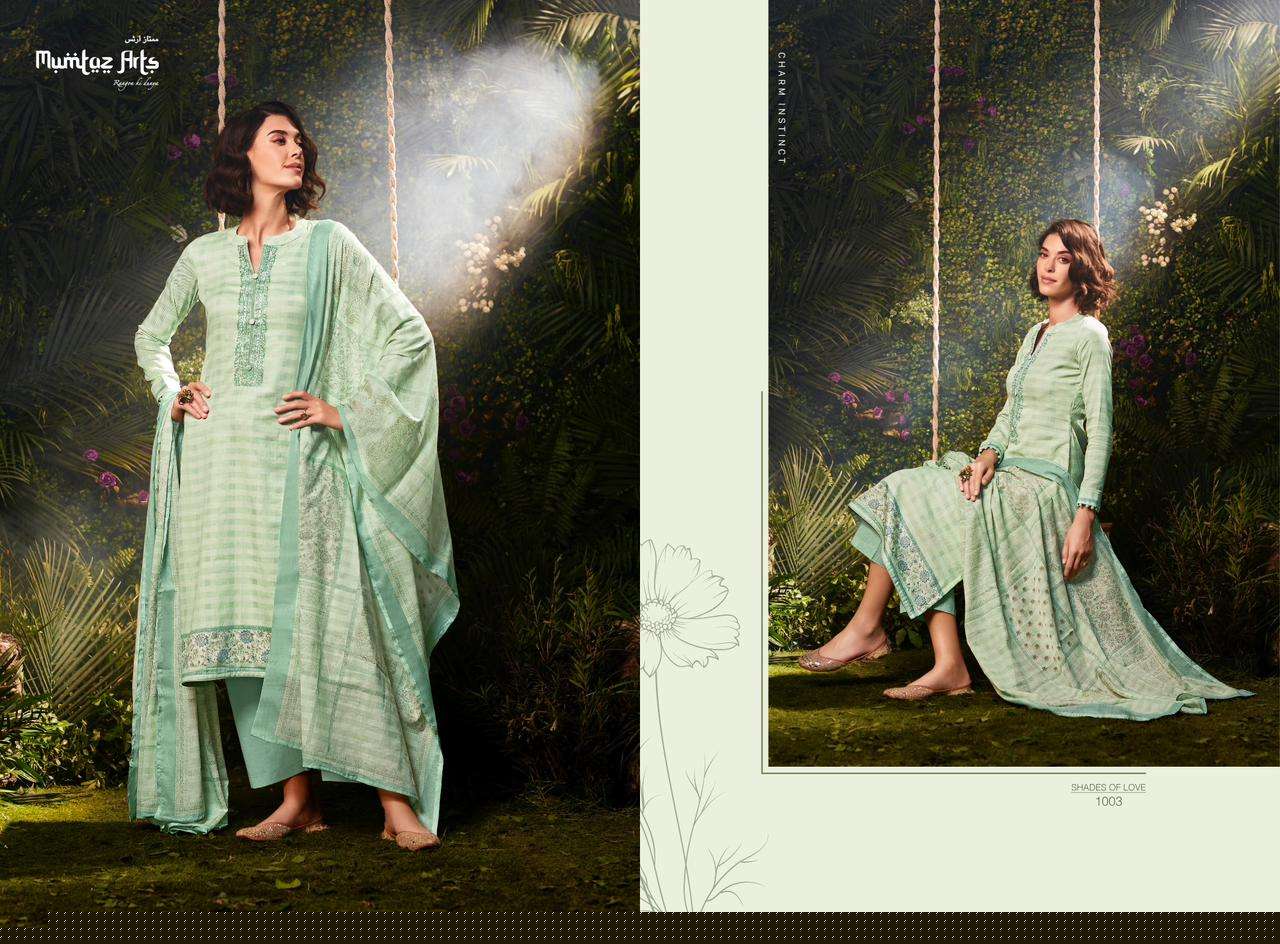 SHADES OF LOVE BY MUMTAZ ARTS 1001 TO 1006 SERIES BEAUTIFUL SUITS COLORFUL STYLISH FANCY CASUAL WEAR & PURE VISCOSE JAM SATIN WITH HEAVY EMBROIDERY DRESSES AT WHOLESALE PRICE