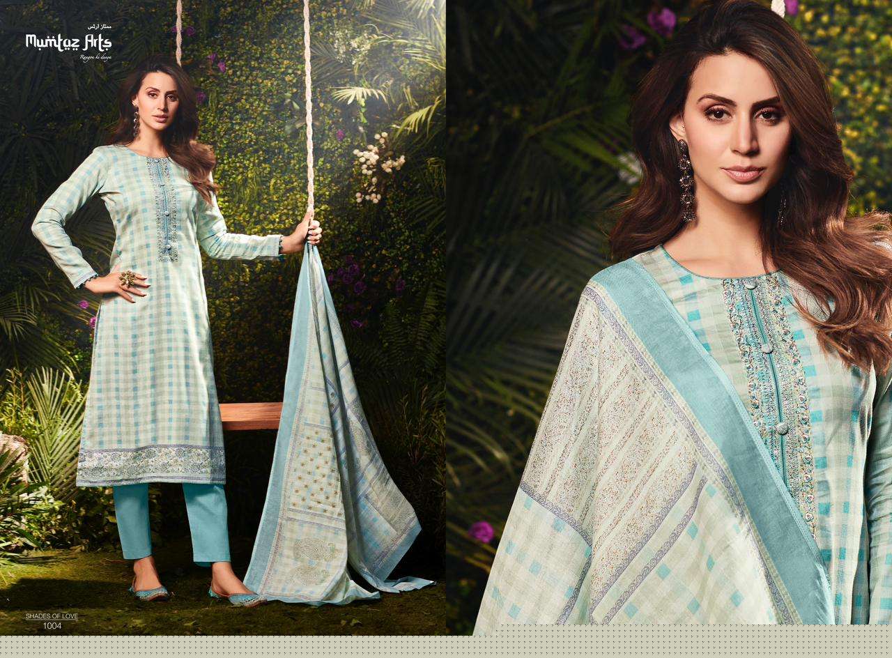 SHADES OF LOVE BY MUMTAZ ARTS 1001 TO 1006 SERIES BEAUTIFUL SUITS COLORFUL STYLISH FANCY CASUAL WEAR & PURE VISCOSE JAM SATIN WITH HEAVY EMBROIDERY DRESSES AT WHOLESALE PRICE