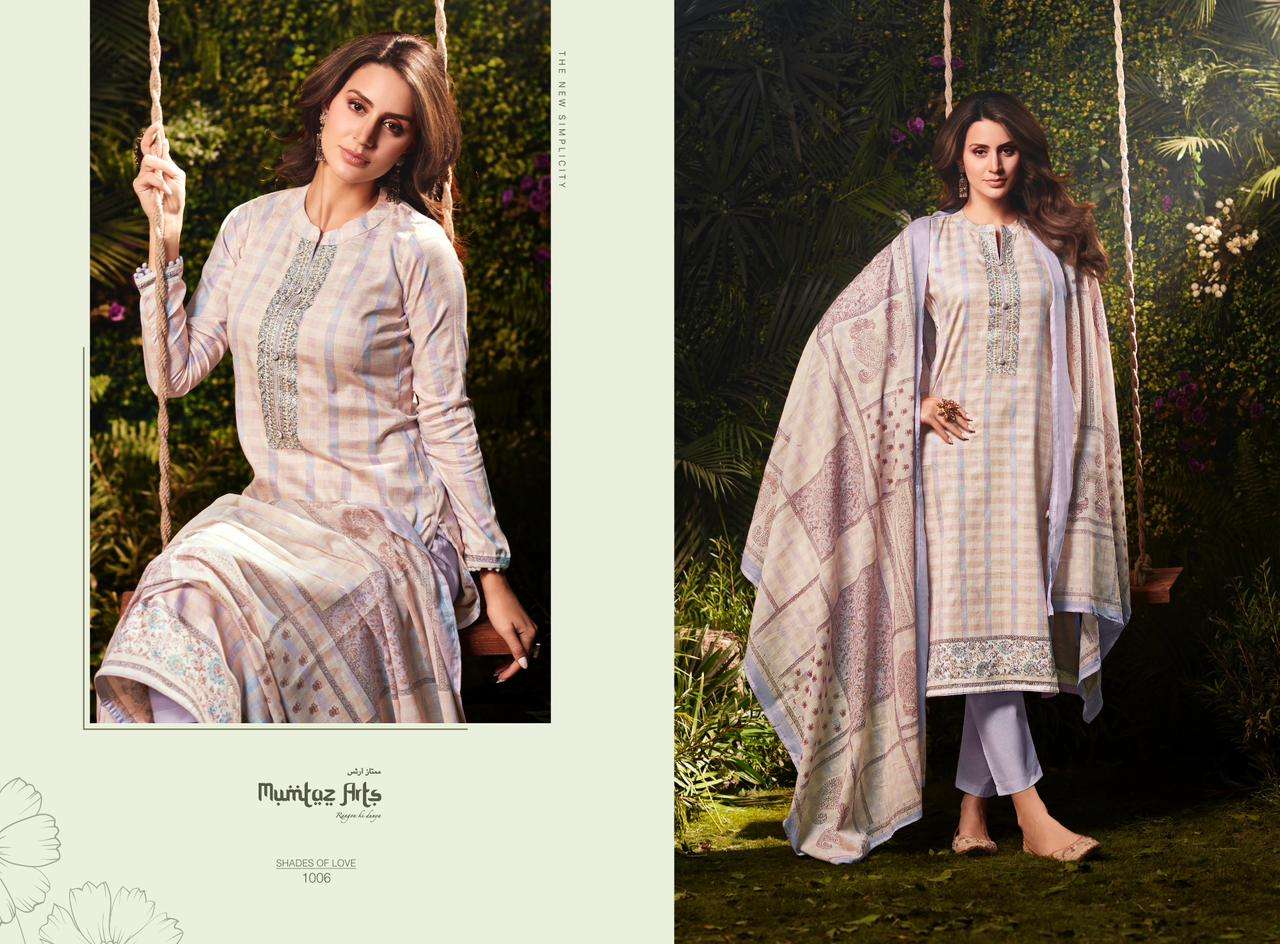 SHADES OF LOVE BY MUMTAZ ARTS 1001 TO 1006 SERIES BEAUTIFUL SUITS COLORFUL STYLISH FANCY CASUAL WEAR & PURE VISCOSE JAM SATIN WITH HEAVY EMBROIDERY DRESSES AT WHOLESALE PRICE