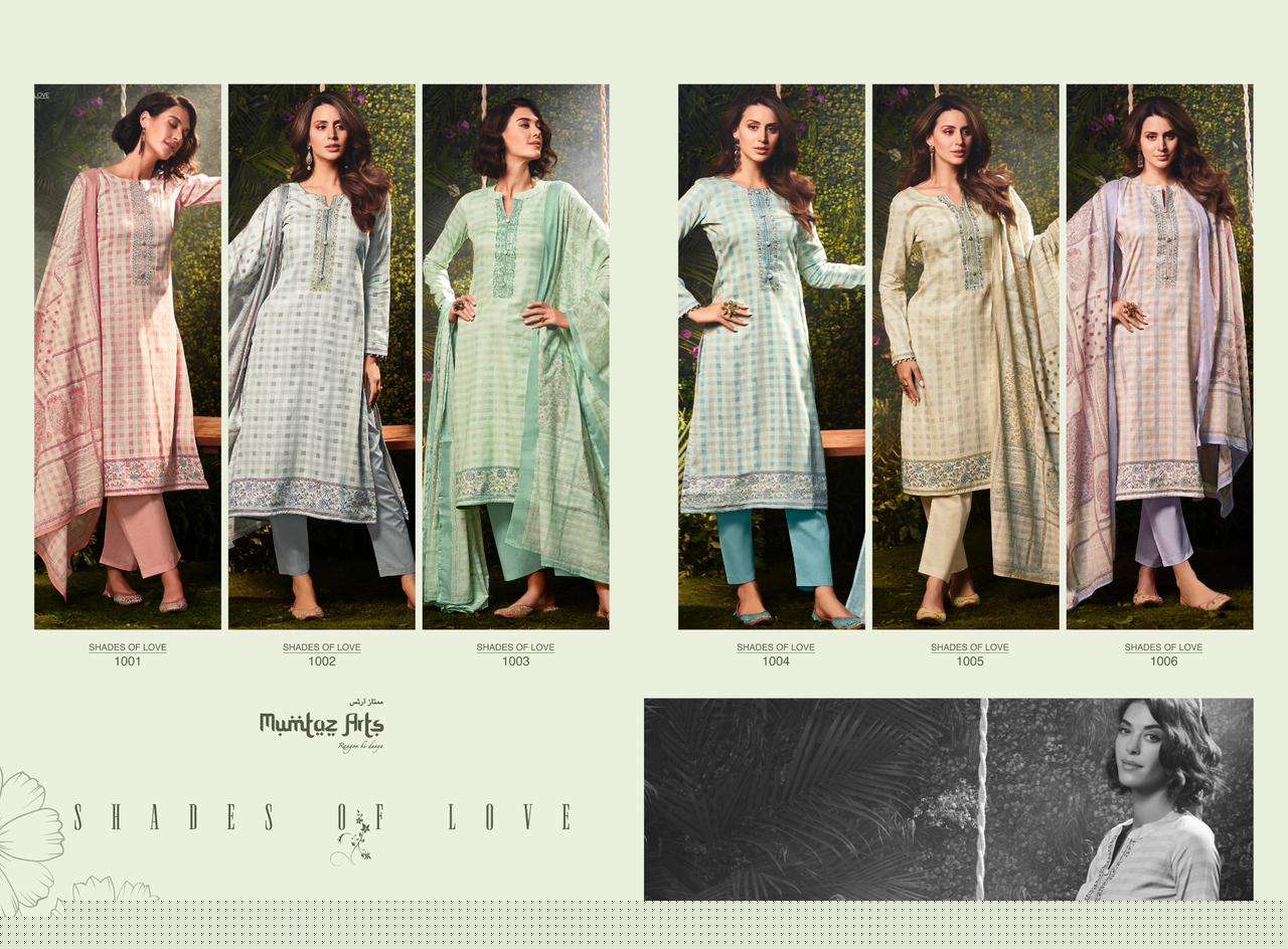 SHADES OF LOVE BY MUMTAZ ARTS 1001 TO 1006 SERIES BEAUTIFUL SUITS COLORFUL STYLISH FANCY CASUAL WEAR & PURE VISCOSE JAM SATIN WITH HEAVY EMBROIDERY DRESSES AT WHOLESALE PRICE