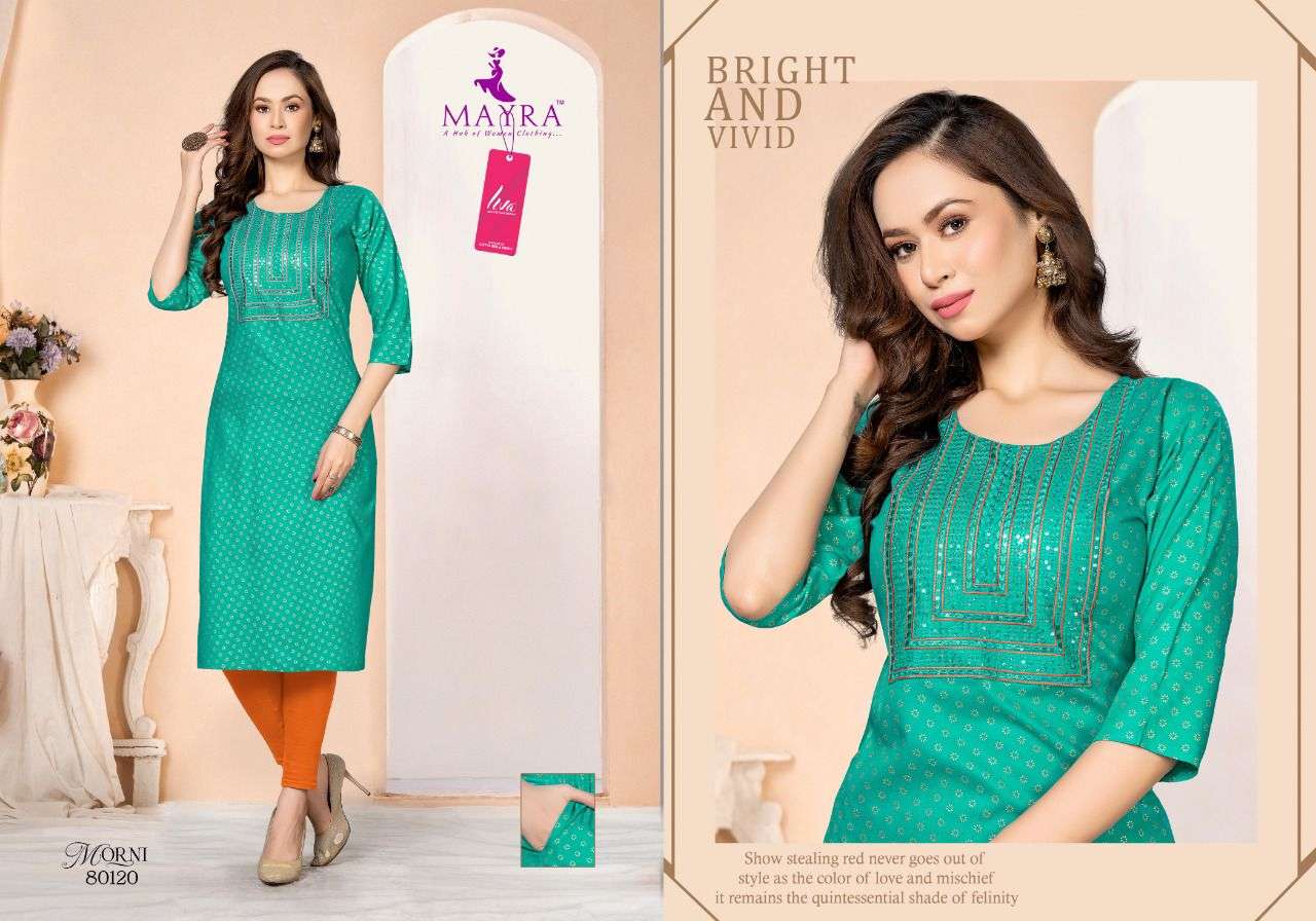 MORNI BY MAYRA 80119 TO 80226 SERIES DESIGNER STYLISH FANCY COLORFUL BEAUTIFUL PARTY WEAR & ETHNIC WEAR COLLECTION PURE RAYON KURTIS AT WHOLESALE PRICE