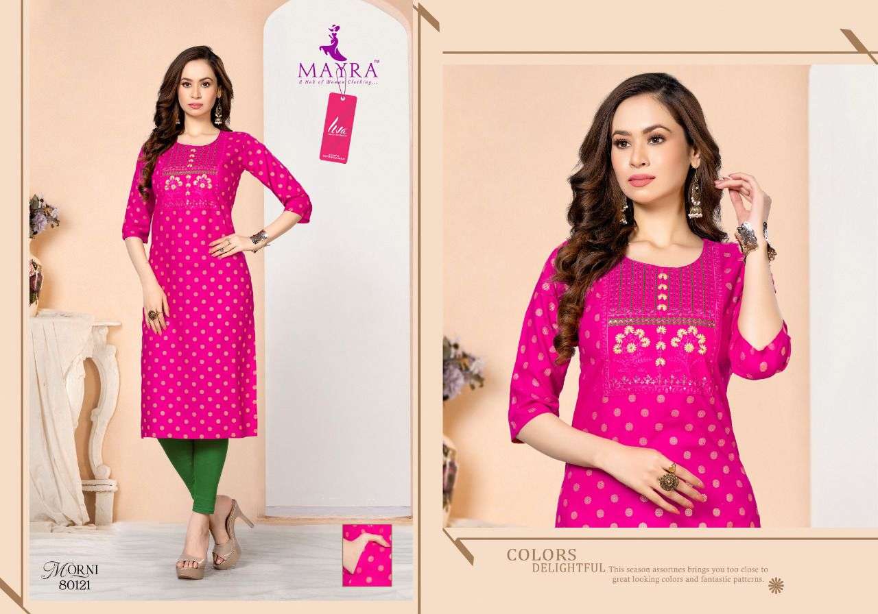 MORNI BY MAYRA 80119 TO 80226 SERIES DESIGNER STYLISH FANCY COLORFUL BEAUTIFUL PARTY WEAR & ETHNIC WEAR COLLECTION PURE RAYON KURTIS AT WHOLESALE PRICE