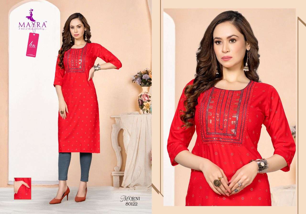 MORNI BY MAYRA 80119 TO 80226 SERIES DESIGNER STYLISH FANCY COLORFUL BEAUTIFUL PARTY WEAR & ETHNIC WEAR COLLECTION PURE RAYON KURTIS AT WHOLESALE PRICE