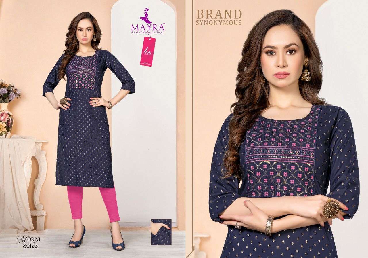 MORNI BY MAYRA 80119 TO 80226 SERIES DESIGNER STYLISH FANCY COLORFUL BEAUTIFUL PARTY WEAR & ETHNIC WEAR COLLECTION PURE RAYON KURTIS AT WHOLESALE PRICE