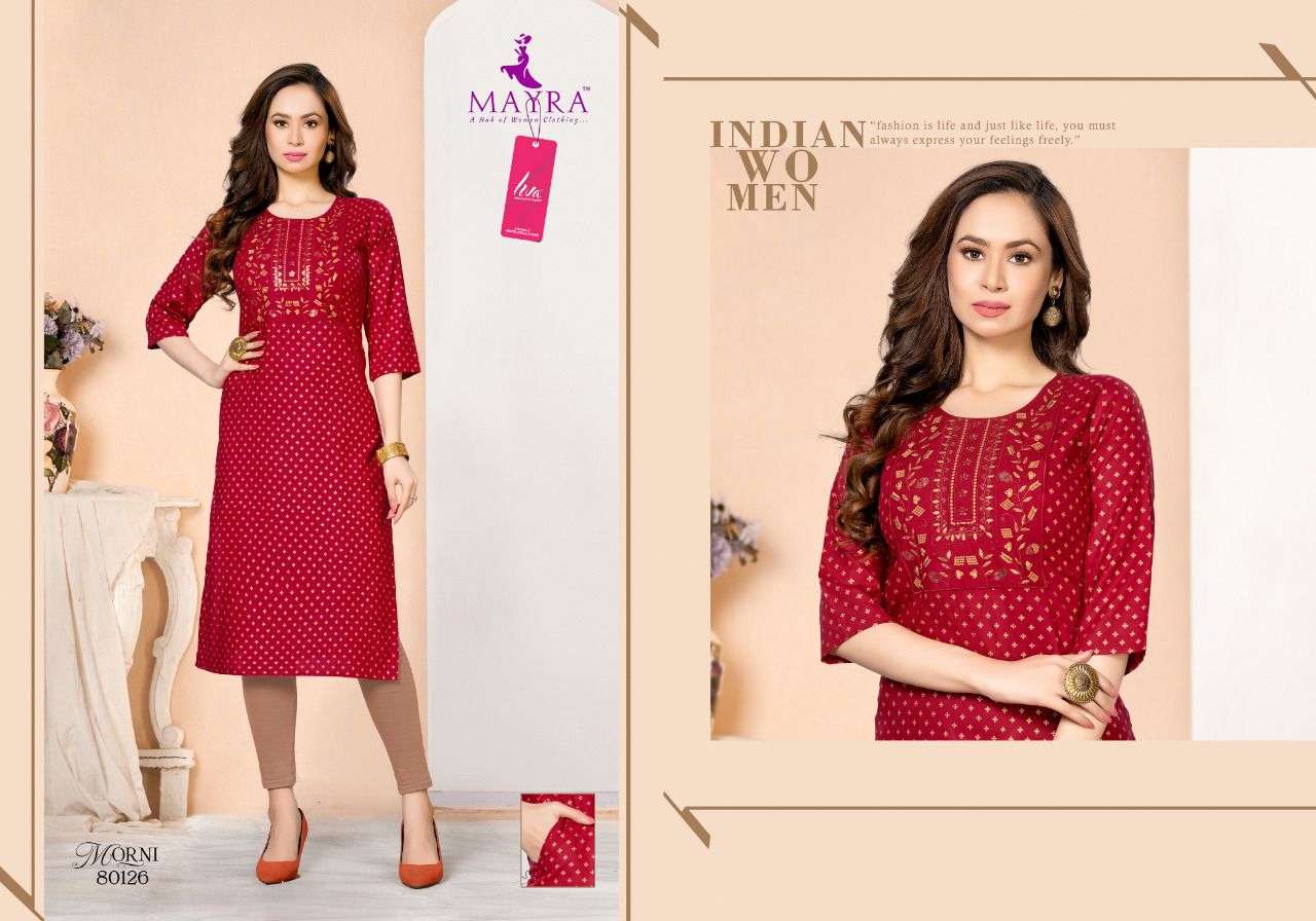 MORNI BY MAYRA 80119 TO 80226 SERIES DESIGNER STYLISH FANCY COLORFUL BEAUTIFUL PARTY WEAR & ETHNIC WEAR COLLECTION PURE RAYON KURTIS AT WHOLESALE PRICE