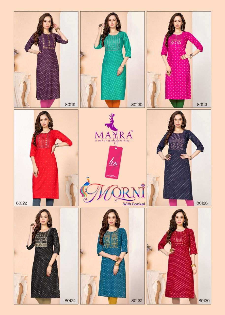 MORNI BY MAYRA 80119 TO 80226 SERIES DESIGNER STYLISH FANCY COLORFUL BEAUTIFUL PARTY WEAR & ETHNIC WEAR COLLECTION PURE RAYON KURTIS AT WHOLESALE PRICE