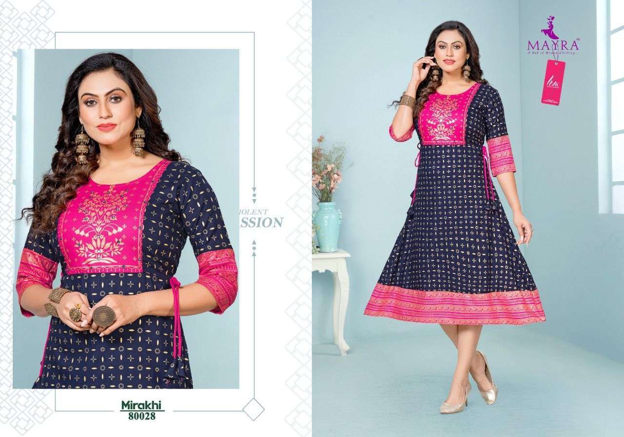 MIRAKHI BY MAYRA 80027 TO 80034 SERIES DESIGNER STYLISH FANCY COLORFUL BEAUTIFUL PARTY WEAR & ETHNIC WEAR COLLECTION PURE RAYON KURTIS AT WHOLESALE PRICE