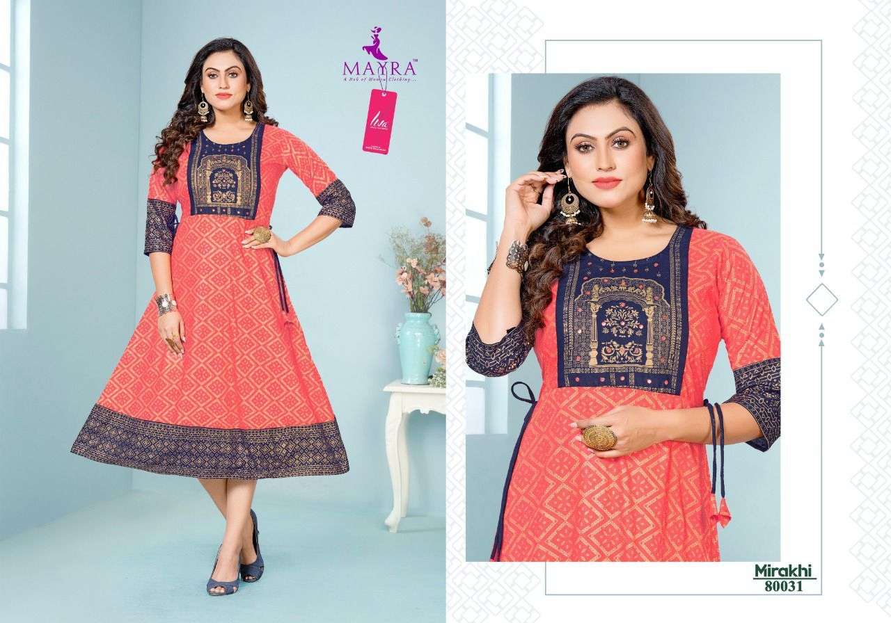 MIRAKHI BY MAYRA 80027 TO 80034 SERIES DESIGNER STYLISH FANCY COLORFUL BEAUTIFUL PARTY WEAR & ETHNIC WEAR COLLECTION PURE RAYON KURTIS AT WHOLESALE PRICE