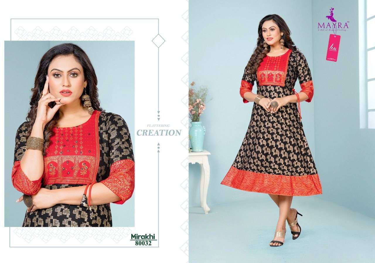 MIRAKHI BY MAYRA 80027 TO 80034 SERIES DESIGNER STYLISH FANCY COLORFUL BEAUTIFUL PARTY WEAR & ETHNIC WEAR COLLECTION PURE RAYON KURTIS AT WHOLESALE PRICE