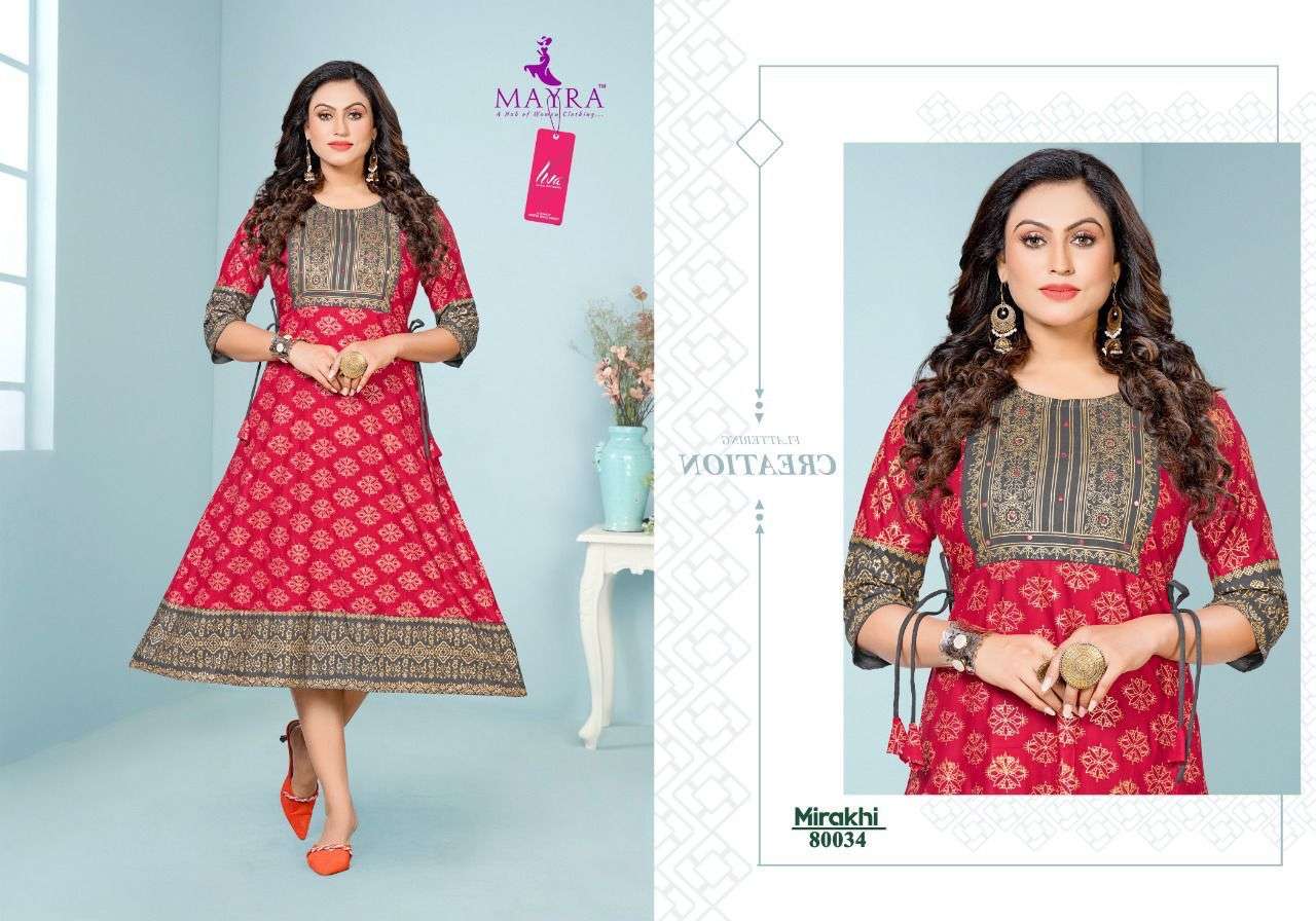 MIRAKHI BY MAYRA 80027 TO 80034 SERIES DESIGNER STYLISH FANCY COLORFUL BEAUTIFUL PARTY WEAR & ETHNIC WEAR COLLECTION PURE RAYON KURTIS AT WHOLESALE PRICE