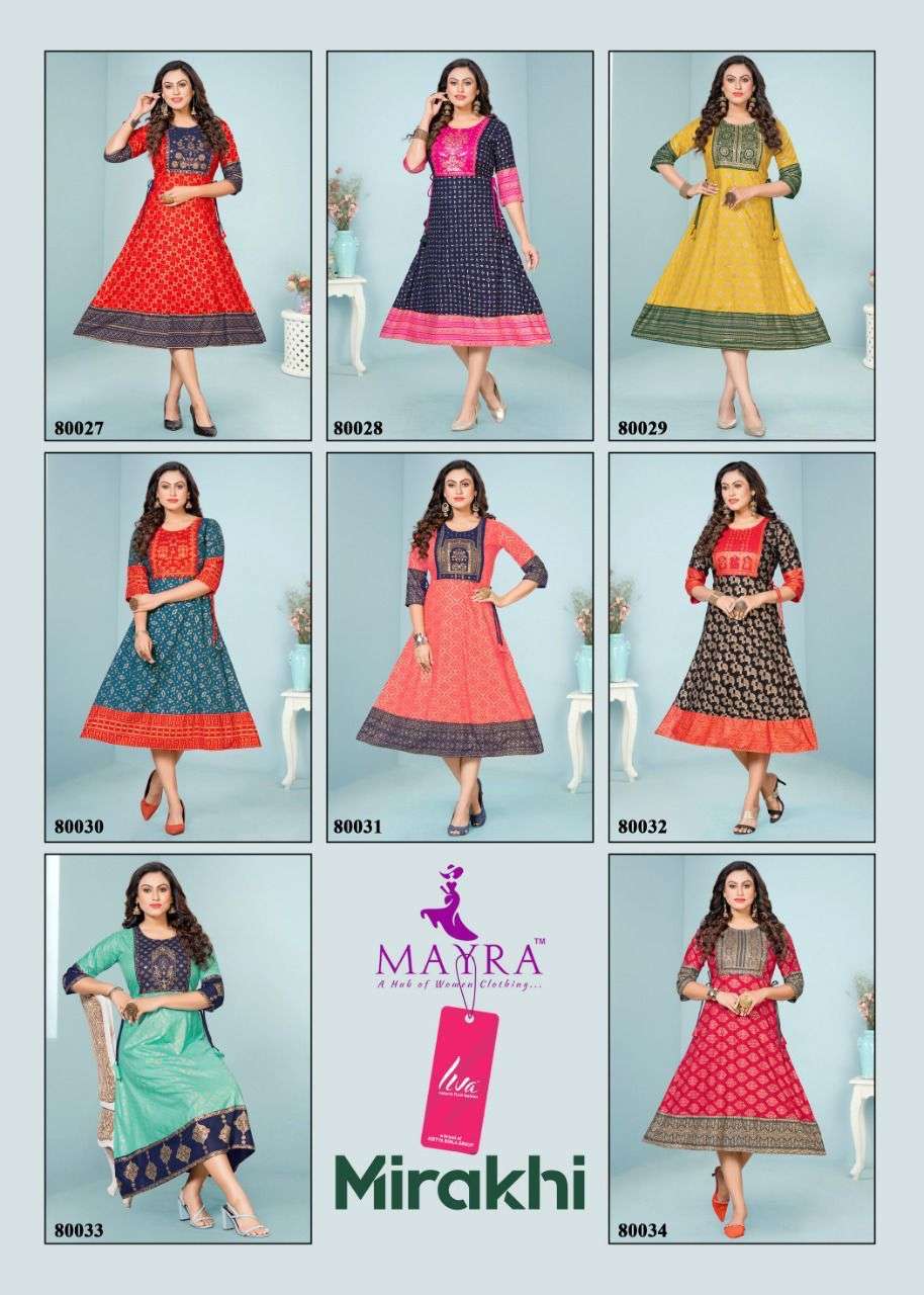 MIRAKHI BY MAYRA 80027 TO 80034 SERIES DESIGNER STYLISH FANCY COLORFUL BEAUTIFUL PARTY WEAR & ETHNIC WEAR COLLECTION PURE RAYON KURTIS AT WHOLESALE PRICE