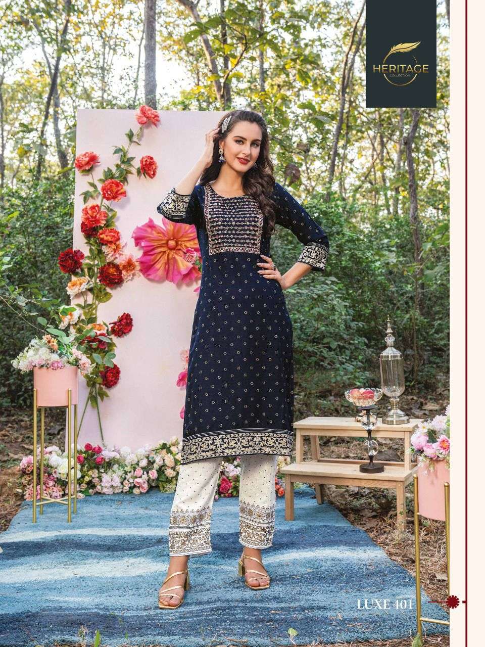 LUXE VOL-4 BY HERITAGE 401 TO 406 SERIES DESIGNER STYLISH FANCY COLORFUL BEAUTIFUL PARTY WEAR & ETHNIC WEAR COLLECTION PURE RAYON KURTIS WITH BOTTOM AT WHOLESALE PRICE