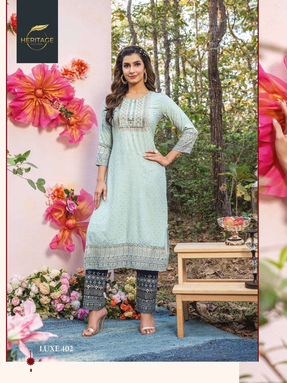 LUXE VOL-4 BY HERITAGE 401 TO 406 SERIES DESIGNER STYLISH FANCY COLORFUL BEAUTIFUL PARTY WEAR & ETHNIC WEAR COLLECTION PURE RAYON KURTIS WITH BOTTOM AT WHOLESALE PRICE