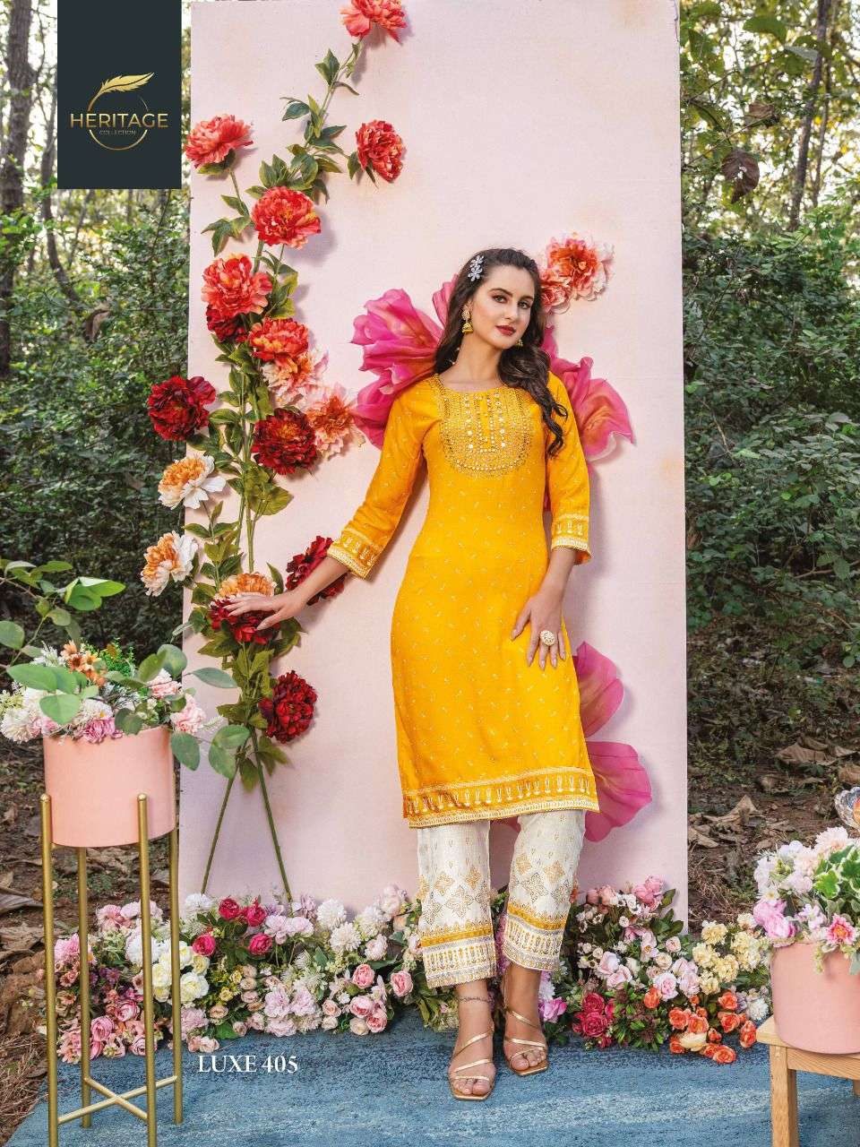 LUXE VOL-4 BY HERITAGE 401 TO 406 SERIES DESIGNER STYLISH FANCY COLORFUL BEAUTIFUL PARTY WEAR & ETHNIC WEAR COLLECTION PURE RAYON KURTIS WITH BOTTOM AT WHOLESALE PRICE
