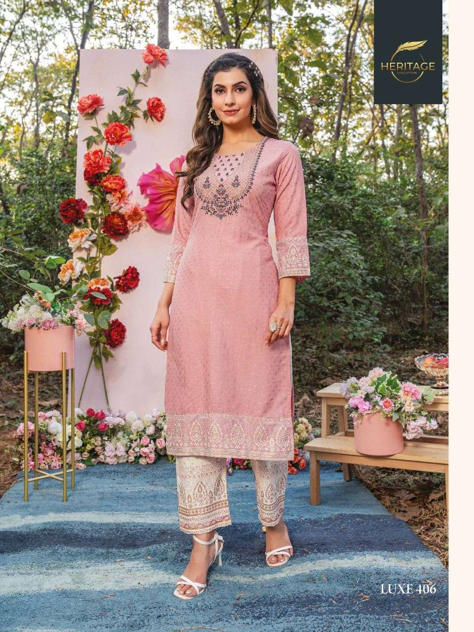 LUXE VOL-4 BY HERITAGE 401 TO 406 SERIES DESIGNER STYLISH FANCY COLORFUL BEAUTIFUL PARTY WEAR & ETHNIC WEAR COLLECTION PURE RAYON KURTIS WITH BOTTOM AT WHOLESALE PRICE