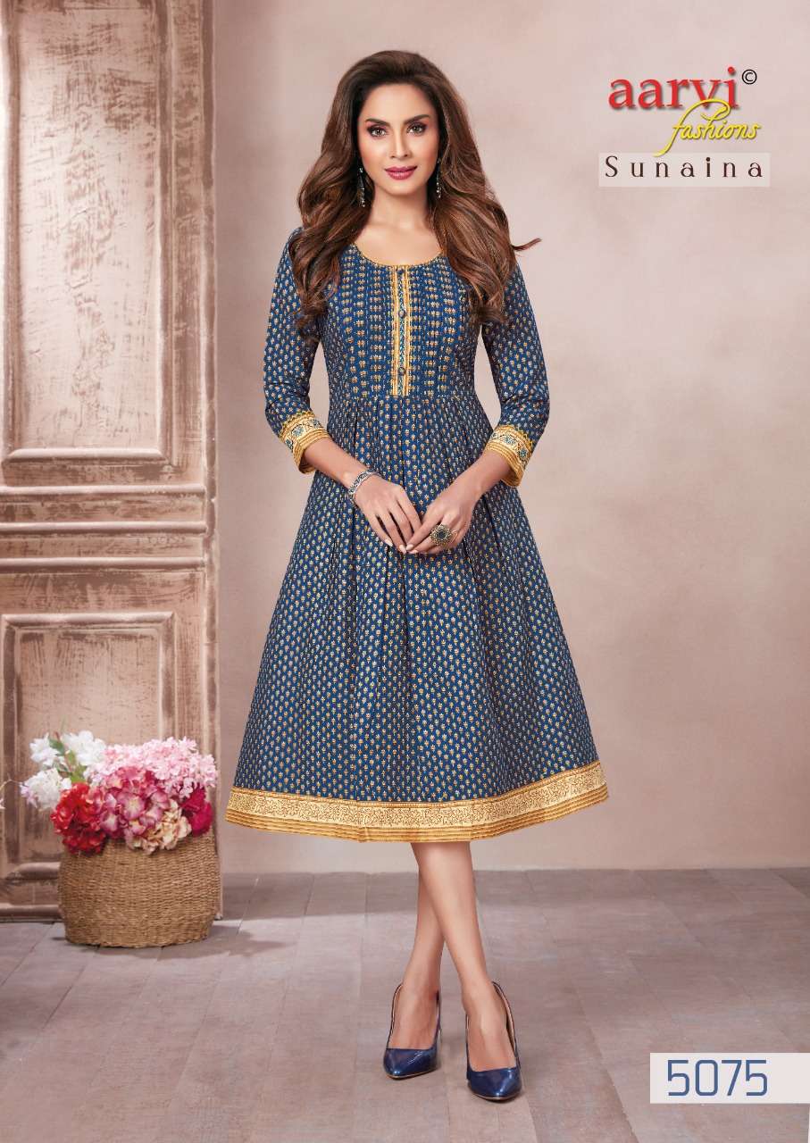 SUNAINA BY AARVI FASHION 5075 TO 5079 SERIES DESIGNER STYLISH FANCY COLORFUL BEAUTIFUL PARTY WEAR & ETHNIC WEAR COLLECTION COTTON KURTIS AT WHOLESALE PRICE