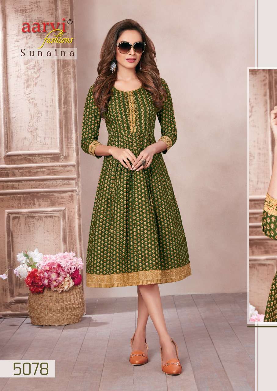 SUNAINA BY AARVI FASHION 5075 TO 5079 SERIES DESIGNER STYLISH FANCY COLORFUL BEAUTIFUL PARTY WEAR & ETHNIC WEAR COLLECTION COTTON KURTIS AT WHOLESALE PRICE