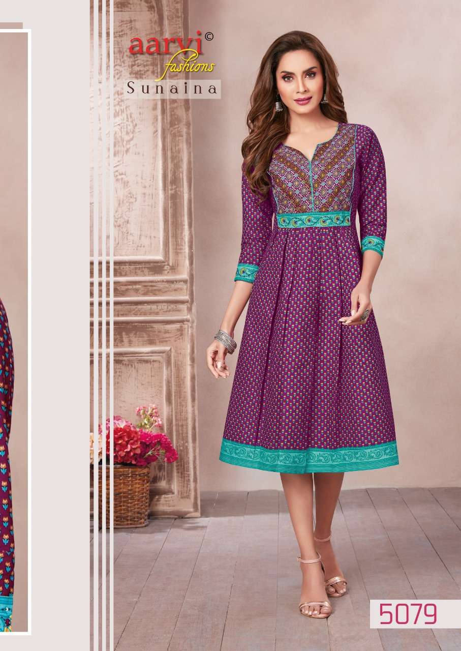 SUNAINA BY AARVI FASHION 5075 TO 5079 SERIES DESIGNER STYLISH FANCY COLORFUL BEAUTIFUL PARTY WEAR & ETHNIC WEAR COLLECTION COTTON KURTIS AT WHOLESALE PRICE