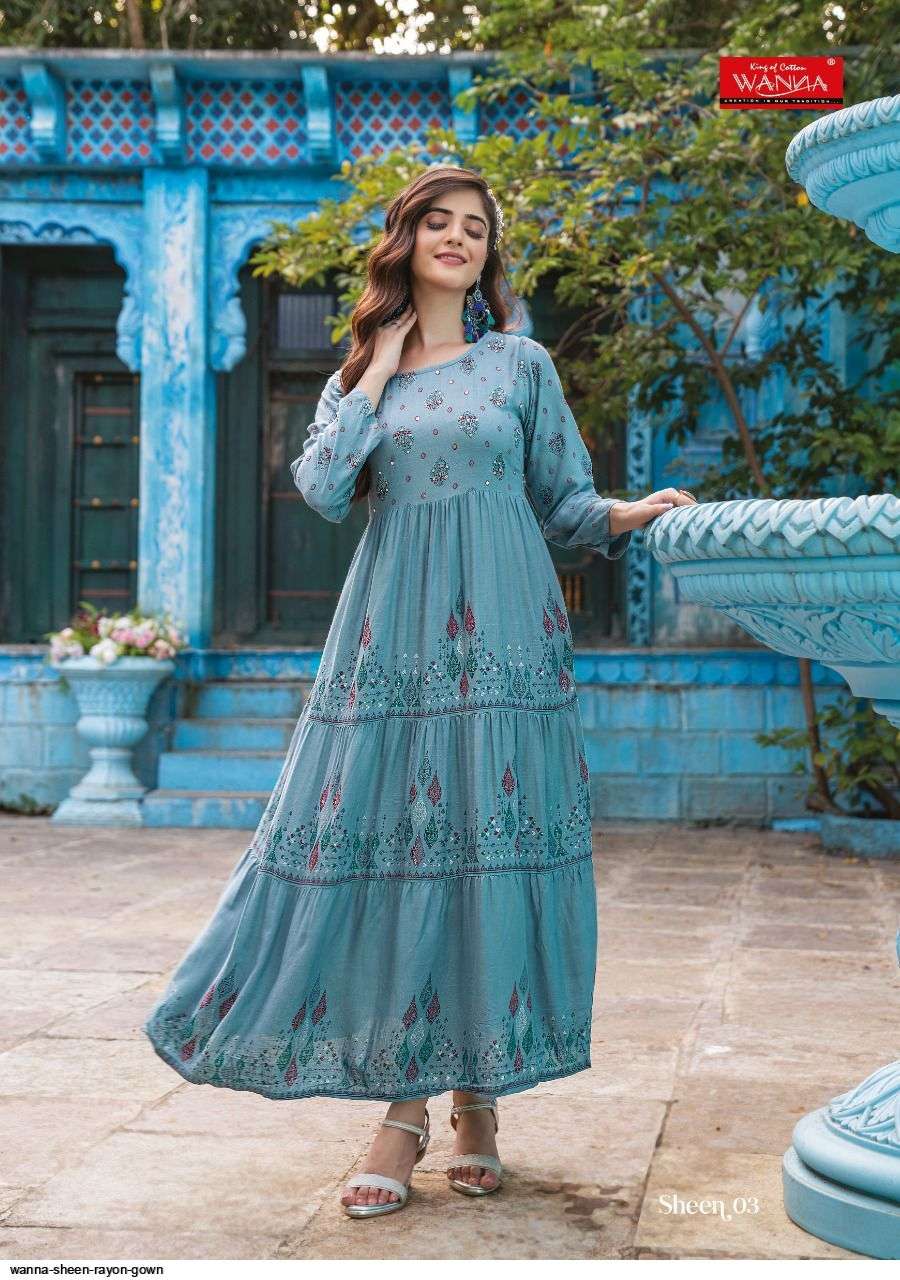SHEEN BY WANNA 01 TO 05 SERIES BEAUTIFUL SUITS COLORFUL STYLISH FANCY CASUAL WEAR & ETHNIC WEAR RAYON PRINT GOWNS AT WHOLESALE PRICE