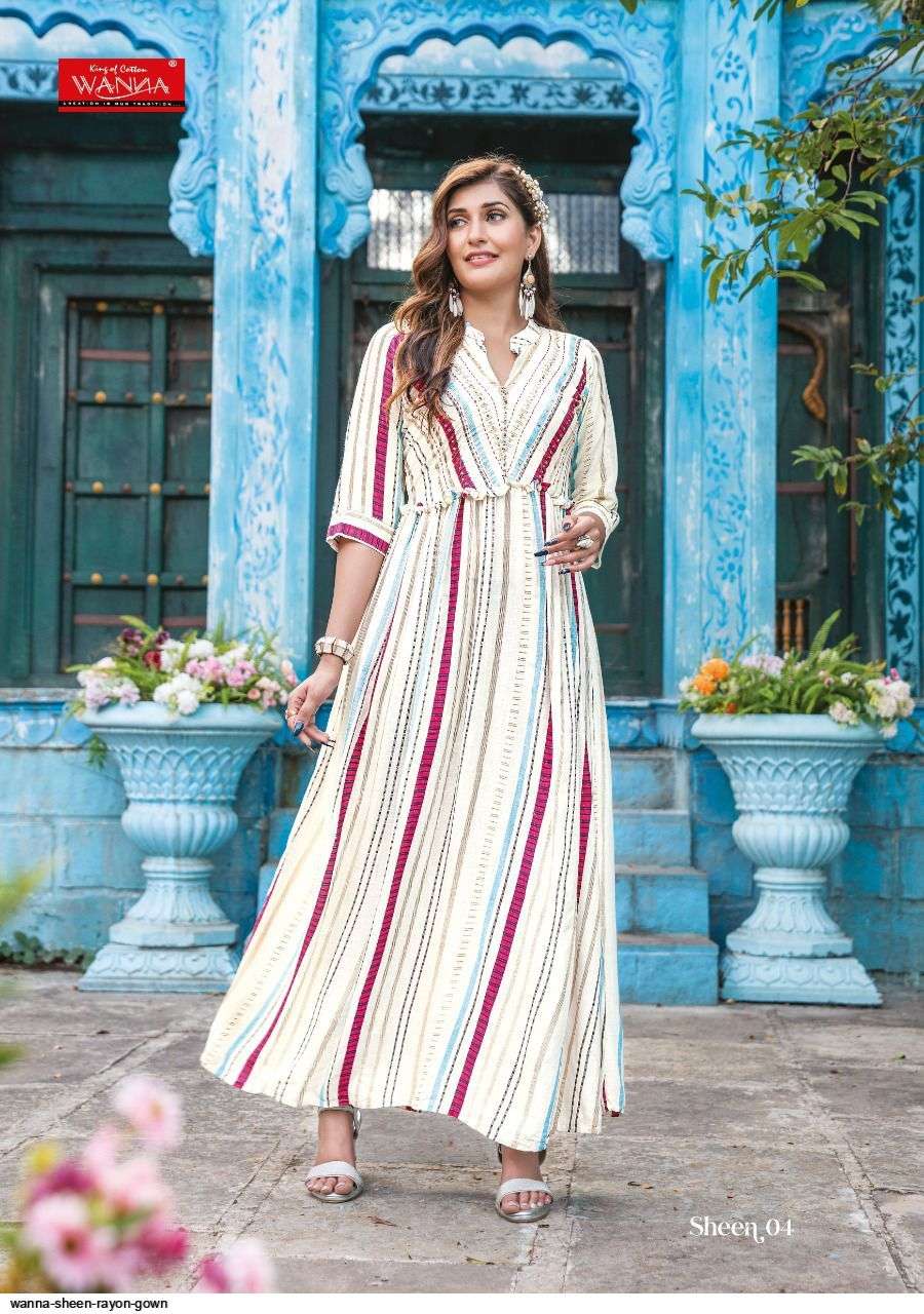 SHEEN BY WANNA 01 TO 05 SERIES BEAUTIFUL SUITS COLORFUL STYLISH FANCY CASUAL WEAR & ETHNIC WEAR RAYON PRINT GOWNS AT WHOLESALE PRICE