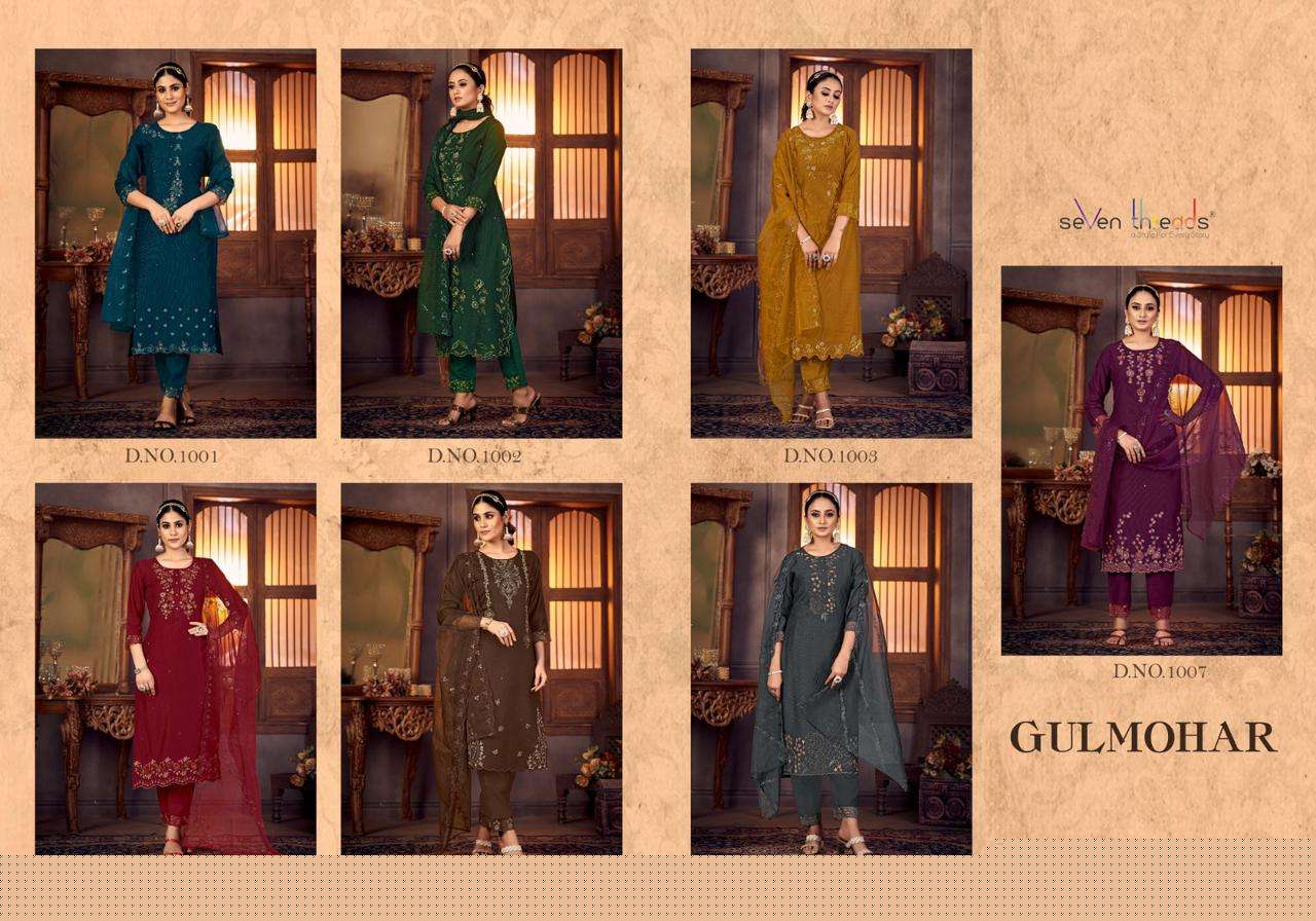 Gulmohar By Seven Threads 1001 To 1007 Series Beautiful Stylish Suits Fancy Colorful Casual Wear & Ethnic Wear & Ready To Wear Viscose Silk Dresses At Wholesale Price