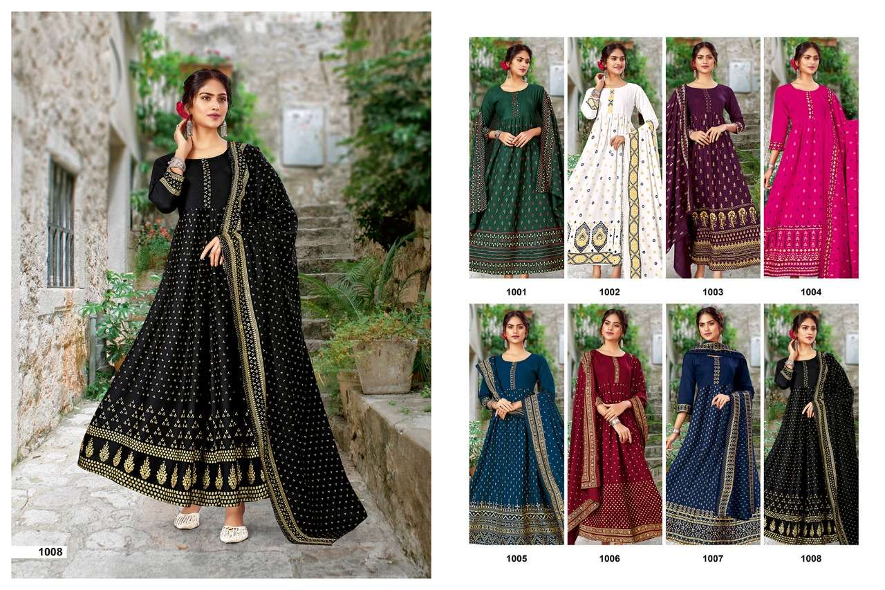 JANNAT BY JINESH NX 1001 TO 1008 SERIES BEAUTIFUL SUITS COLORFUL STYLISH FANCY CASUAL WEAR & RAYON FOIL PRINT DRESSES AT WHOLESALE PRICE