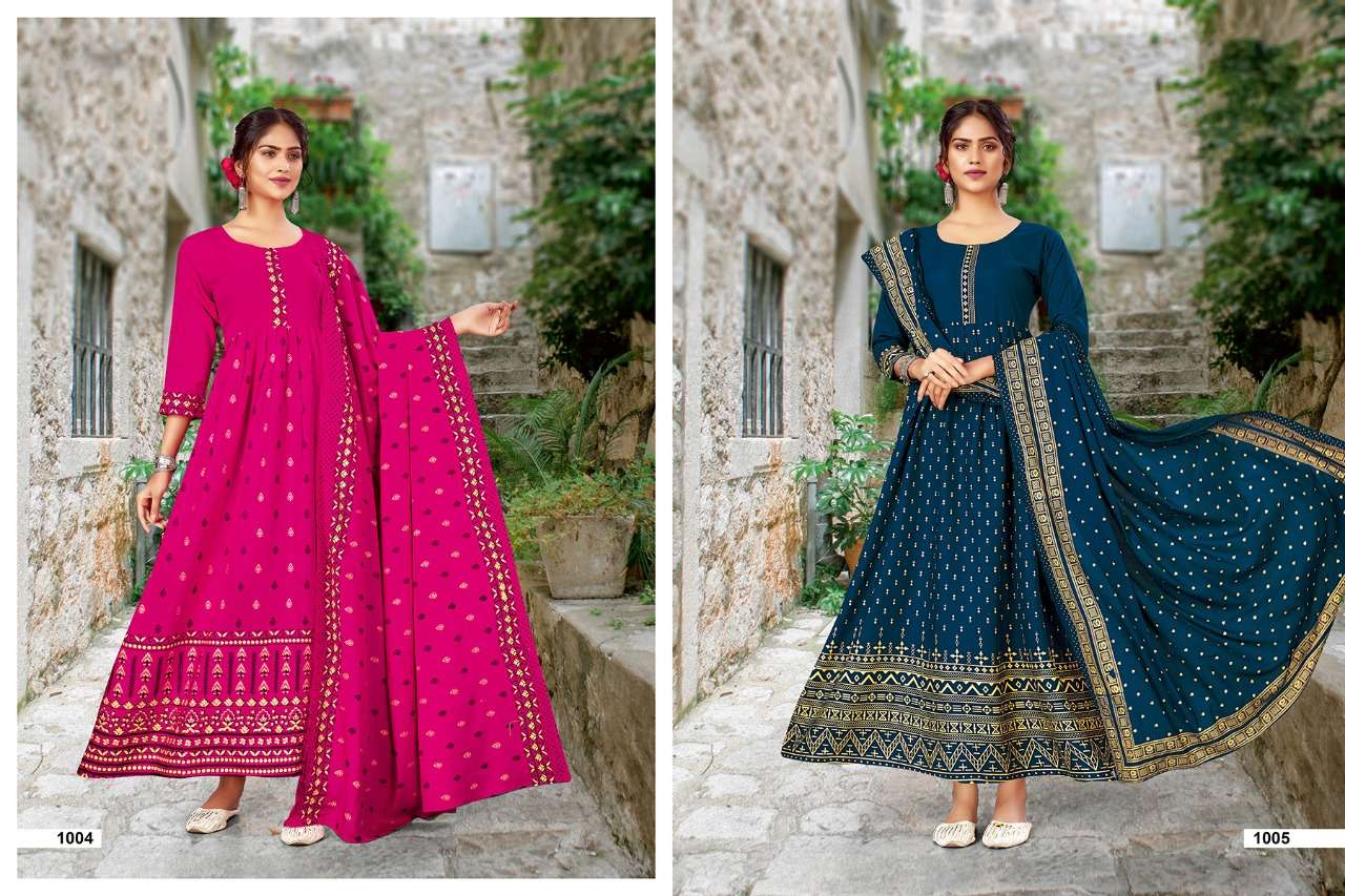 JANNAT BY JINESH NX 1001 TO 1008 SERIES BEAUTIFUL SUITS COLORFUL STYLISH FANCY CASUAL WEAR & RAYON FOIL PRINT DRESSES AT WHOLESALE PRICE
