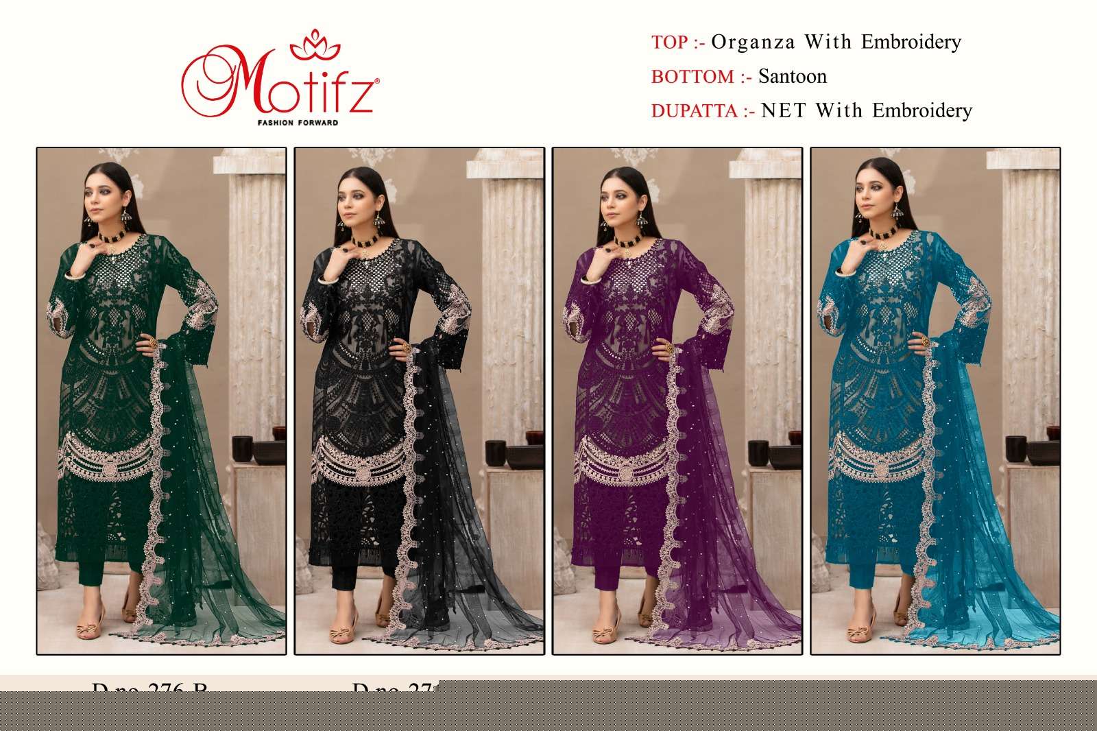 MOTIFZ HIT DESIGN 276 COLOURS BY MOTIFZ 276-B TO 276-E SERIES DESIGNER PAKISTANI SUITS BEAUTIFUL FANCY COLORFUL STYLISH PARTY WEAR & OCCASIONAL WEAR ORGANZA WITH EMBROIDERY DRESSES AT WHOLESALE PRICE