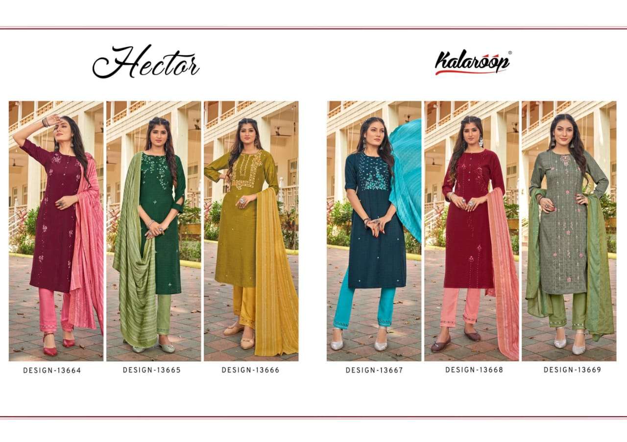 HECTOR BY KALAROOP 13664 TO 13669 SERIES DESIGNER SUITS BEAUTIFUL FANCY COLORFUL STYLISH PARTY WEAR & OCCASIONAL WEAR HEAVY COTTON SILK EMBROIDERY DRESSES AT WHOLESALE PRICE