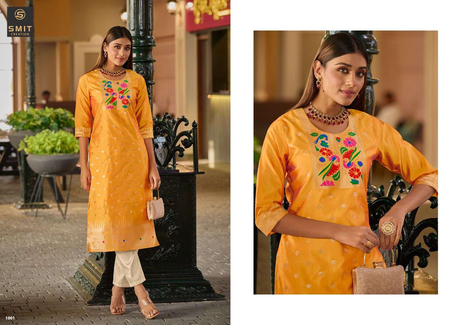 MAYA BY SMIT CREATION SERIES 1001 A TO 1001 I STYLISH BEAUTIFUL COLOURFUL PRINTED & EMBROIDERED PARTY WEAR & OCCASIONAL WEAR PURE TAPELA WORK WITH EMBROIDERY DRESSES AT WHOLESALE PRICE
