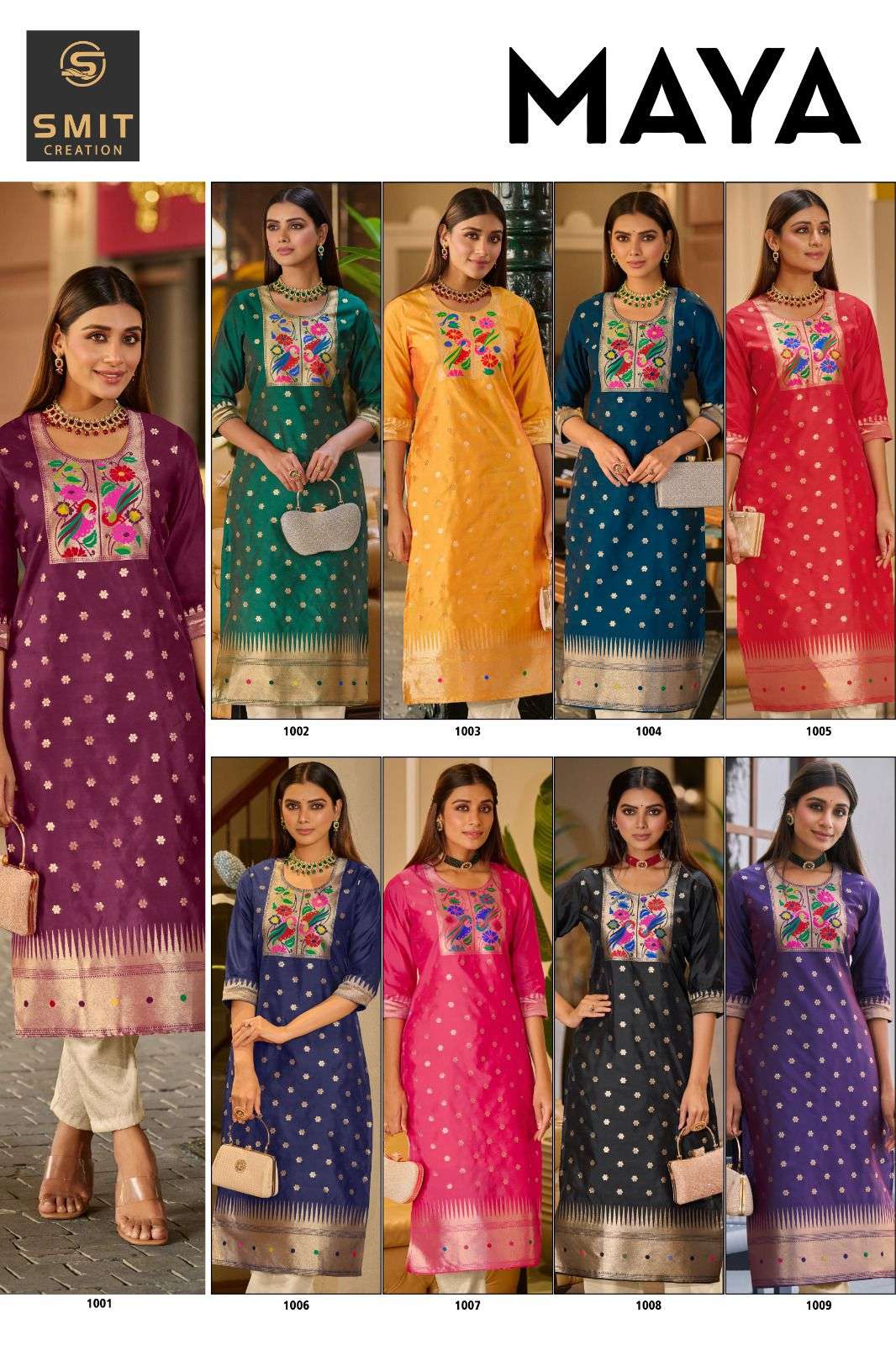 MAYA BY SMIT CREATION SERIES 1001 A TO 1001 I STYLISH BEAUTIFUL COLOURFUL PRINTED & EMBROIDERED PARTY WEAR & OCCASIONAL WEAR PURE TAPELA WORK WITH EMBROIDERY DRESSES AT WHOLESALE PRICE
