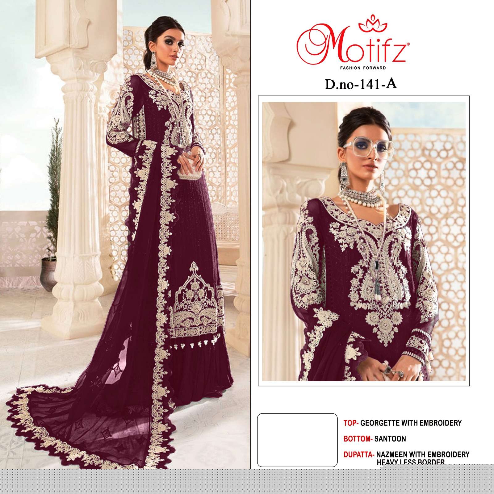MOTIFZ HIT DESIGN 141 COLOURS BY MOTIFZ 141 TO 141-C SERIES DESIGNER PAKISTANI SUITS BEAUTIFUL FANCY COLORFUL STYLISH PARTY WEAR & OCCASIONAL WEAR GEORGETTE WITH EMBROIDERY DRESSES AT WHOLESALE PRICE