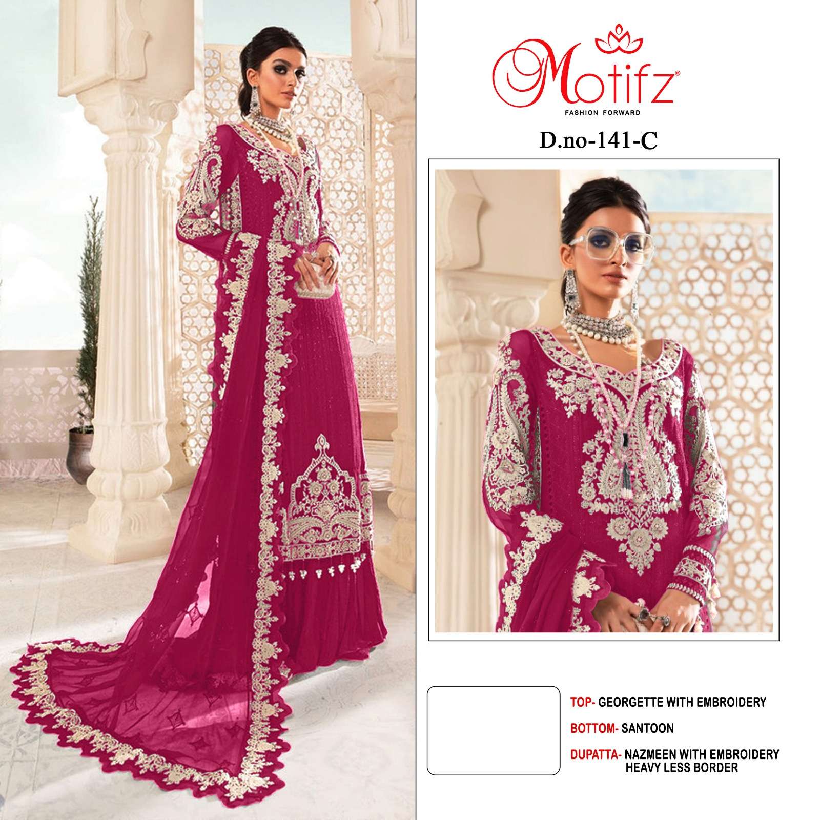 MOTIFZ HIT DESIGN 141 COLOURS BY MOTIFZ 141 TO 141-C SERIES DESIGNER PAKISTANI SUITS BEAUTIFUL FANCY COLORFUL STYLISH PARTY WEAR & OCCASIONAL WEAR GEORGETTE WITH EMBROIDERY DRESSES AT WHOLESALE PRICE