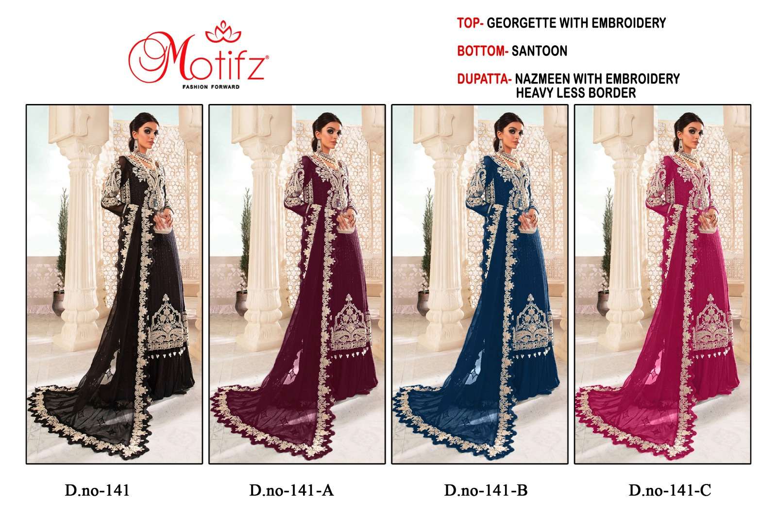 MOTIFZ HIT DESIGN 141 COLOURS BY MOTIFZ 141 TO 141-C SERIES DESIGNER PAKISTANI SUITS BEAUTIFUL FANCY COLORFUL STYLISH PARTY WEAR & OCCASIONAL WEAR GEORGETTE WITH EMBROIDERY DRESSES AT WHOLESALE PRICE