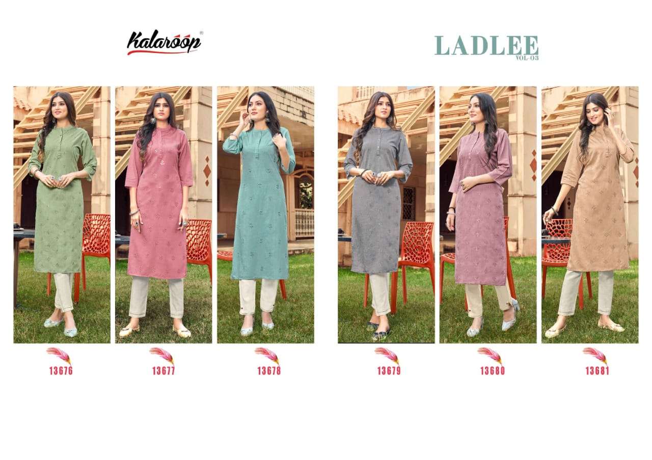 LADLEE VOL-3 BY KALAROOP 13676 TO 13681 SERIES DESIGNER STYLISH FANCY COLORFUL BEAUTIFUL PARTY WEAR & ETHNIC WEAR COLLECTION RAYON PRINT KURTIS AT WHOLESALE PRICE