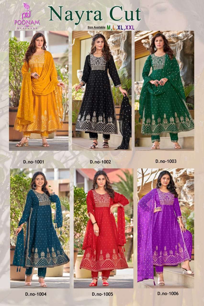 Nayra Cut By Poonam Designer 1001 To 1006 Series Festive Suits Beautiful Fancy Colorful Stylish Party Wear & Occasional Wear Pure Rayon Dresses At Wholesale Price