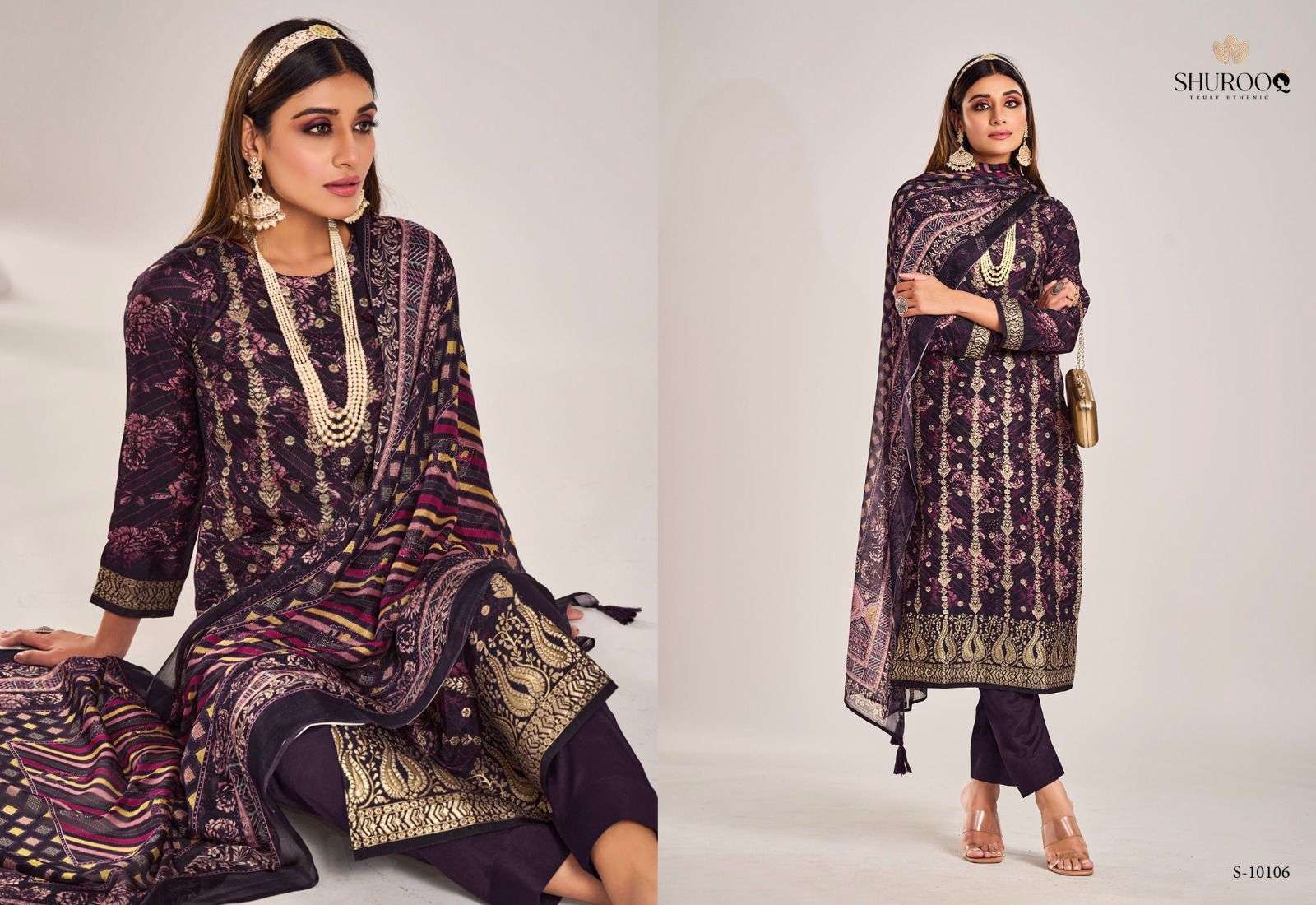 BANNO BY SHUROOQ 10105 TO 10108 SERIES BEAUTIFUL SUITS COLORFUL STYLISH FANCY CASUAL WEAR & ETHNIC WEAR PURE SILK JACQUARD DRESSES AT WHOLESALE PRICE