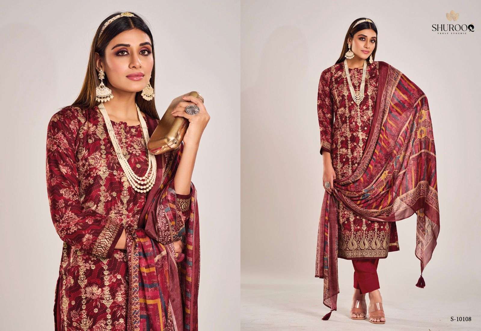 BANNO BY SHUROOQ 10105 TO 10108 SERIES BEAUTIFUL SUITS COLORFUL STYLISH FANCY CASUAL WEAR & ETHNIC WEAR PURE SILK JACQUARD DRESSES AT WHOLESALE PRICE